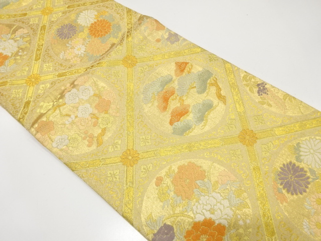 アンティーク　格天井に花丸模様織り出し袋帯（材料）